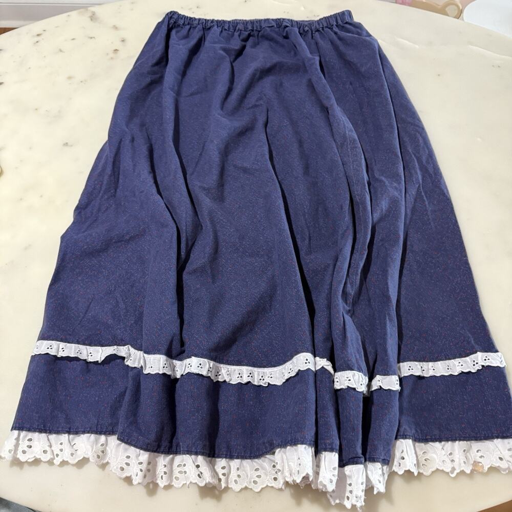 Blue Denim Prairie Skirt Lace Trimmed Ruffle Boho Midi Full Circle Square Dance